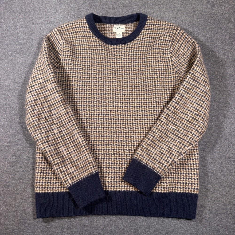 J. Crew Rugged Merino Sweater Mens M Brown Blue Houndstooth Wool Blend Pullover
